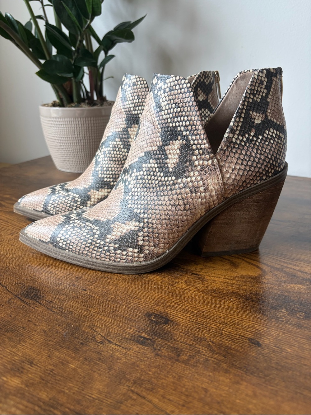 Vince Camuto Gigietta Snake-Print Pointed Ankle Booties - Taupe & Black